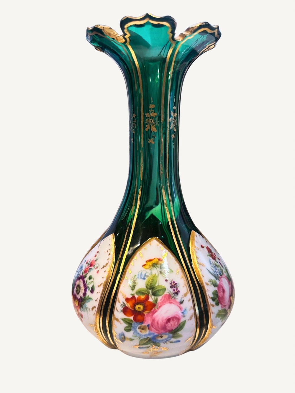 Antique Emerald-Green Bohemian Vase/Decanter with Hand-Painted Floral Cartouches